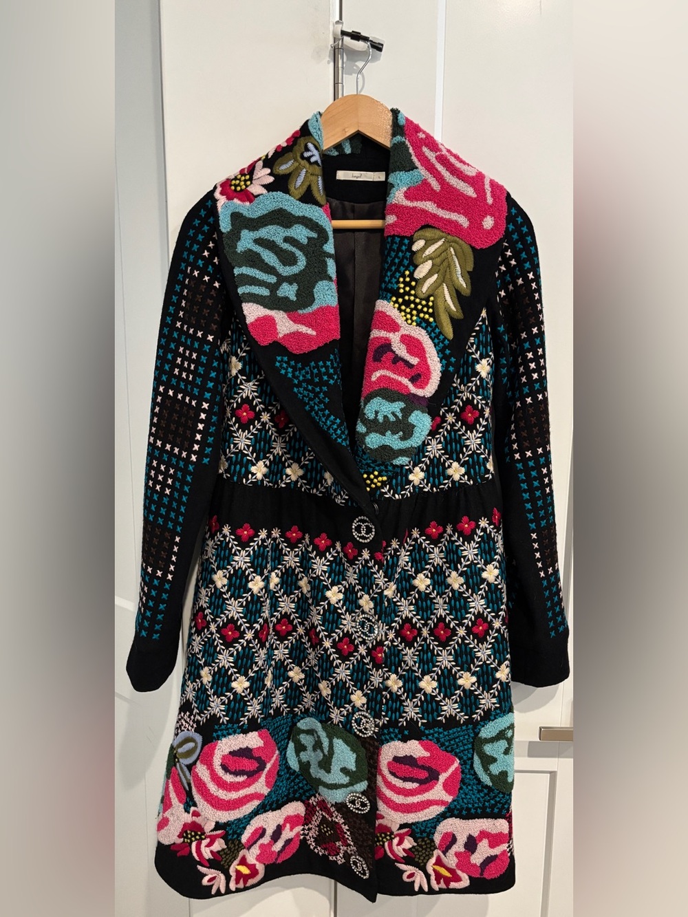 Hazel Anthropologie Multicolor Embroidered Wool Overcoat Coat. Size L